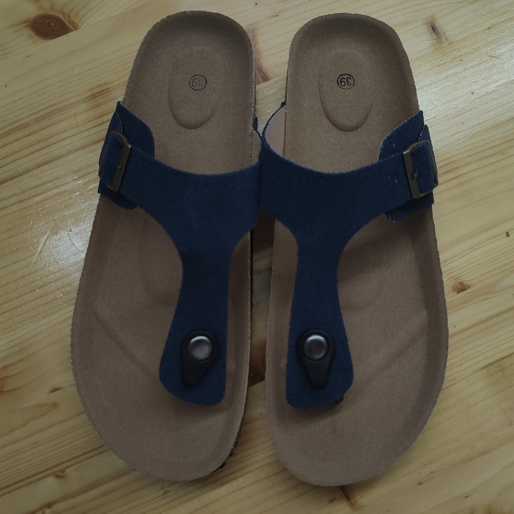 Royal Blue Summer Cork Sandals Genuine Leather Gizeh Style OEM US W8-8.5 EU39